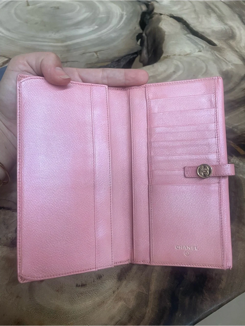 Chanel continental iridescent pink gold long wallet.